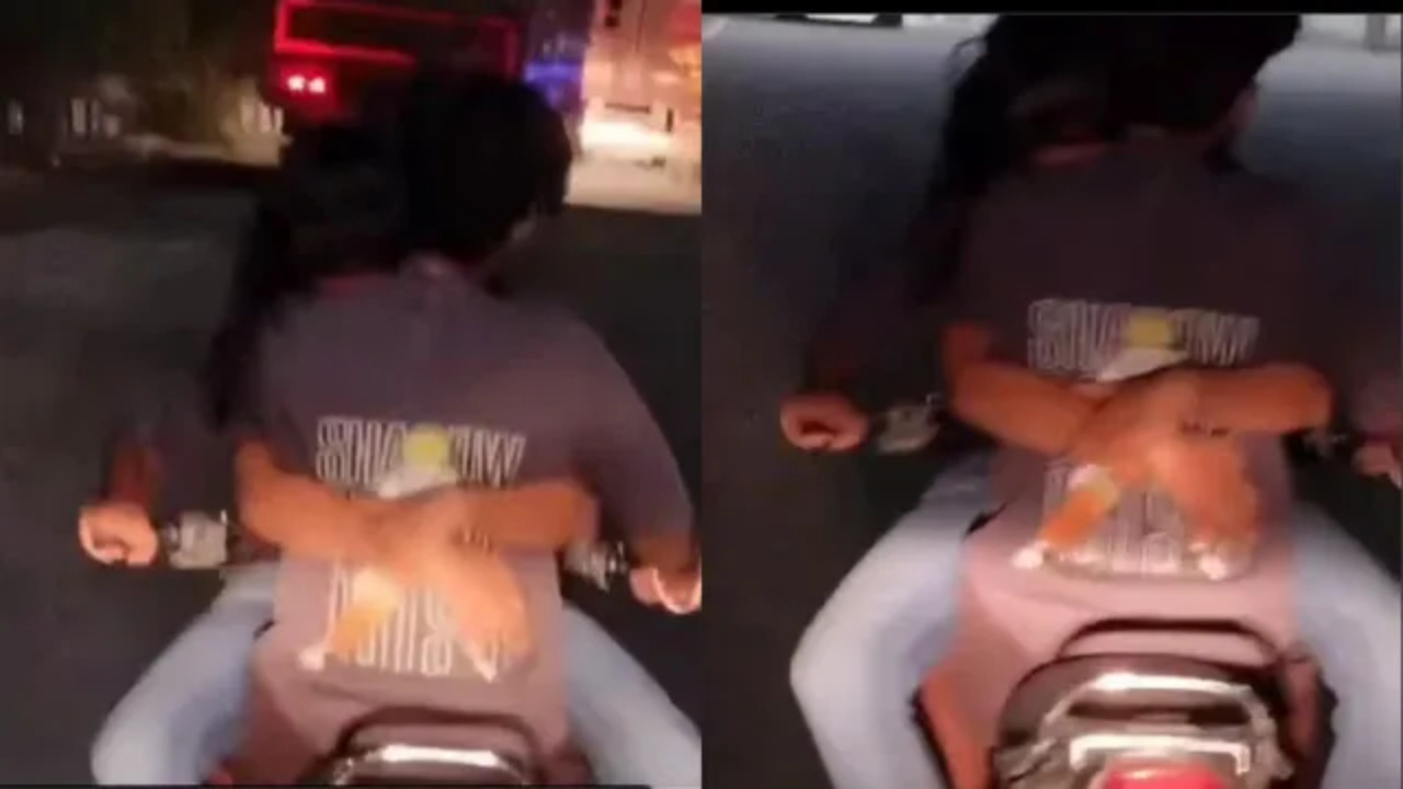  Hyderabad Couples OntheGo Romance Sparks Outrage as Woman Hugs Boyfriend While Sitting on Bike Tank 